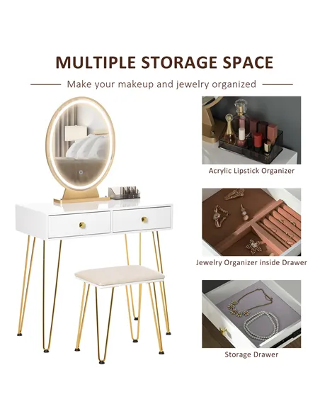 HOMCOM Dressing Table Set with LED Light, Round Mirror, Vanity Makeup Table with 2 Drawers and Cushioned Stool for Bedroom, Whit