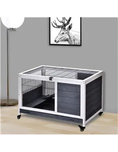 PawHut Rabbits Indoor Fir Wood Lift-Top Hutch Guinea Pigs Hutches-Grey and White 2
