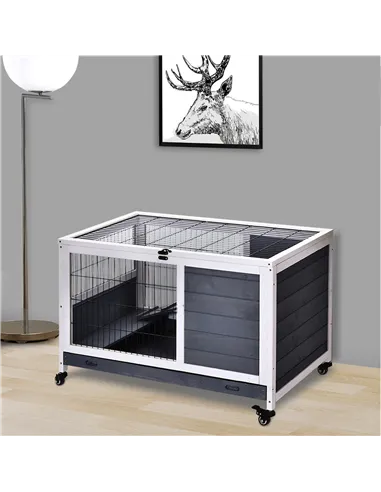 PawHut Rabbits Indoor Fir Wood Lift-Top Hutch Guinea Pigs Hutches-Grey and White