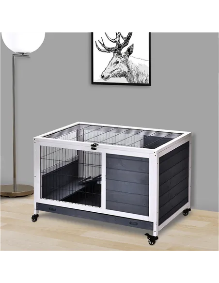 PawHut Rabbits Indoor Fir Wood Lift-Top Hutch Guinea Pigs Hutches-Grey and White