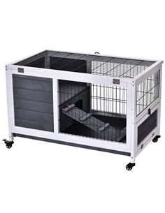 PawHut Rabbits Indoor Fir Wood Lift-Top Hutch Guinea Pigs Hutches-Grey and White