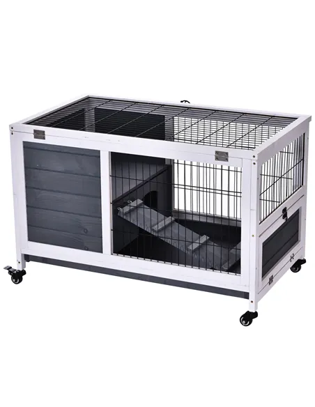 PawHut Rabbits Indoor Fir Wood Lift-Top Hutch Guinea Pigs Hutches-Grey and White