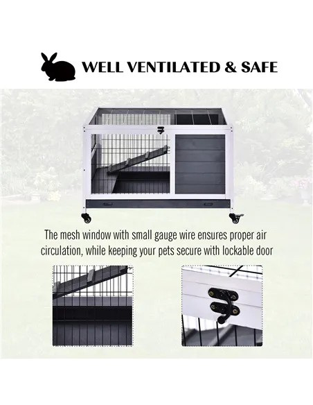 PawHut Rabbits Indoor Fir Wood Lift-Top Hutch Guinea Pigs Hutches-Grey and White
