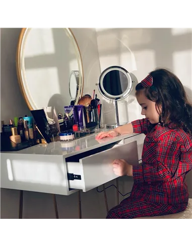 HOMCOM Dressing Table Set with LED Light, Round Mirror, Vanity Makeup Table with 2 Drawers and Cushioned Stool for Bedroom, Whit