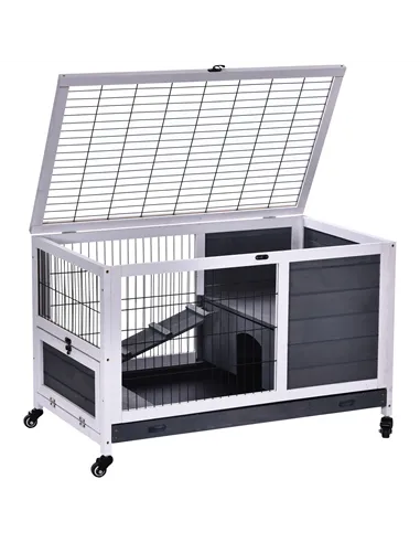 PawHut Rabbits Indoor Fir Wood Lift-Top Hutch Guinea Pigs Hutches-Grey and White