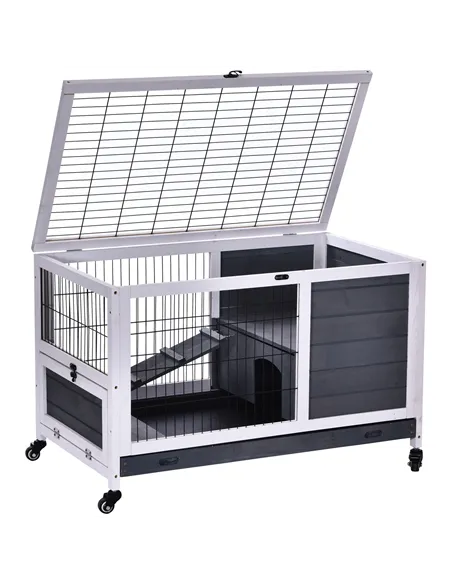 PawHut Rabbits Indoor Fir Wood Lift-Top Hutch Guinea Pigs Hutches-Grey and White
