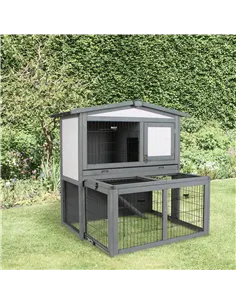 PawHut Rabbits 2-Tier Fur Wood Outdoor Hutch Guinea Pigs Hutches Grey 2