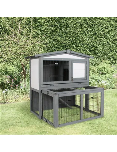 PawHut Rabbits 2-Tier Fur Wood Outdoor Hutch Guinea Pigs Hutches Grey