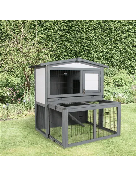 PawHut Rabbits 2-Tier Fur Wood Outdoor Hutch Guinea Pigs Hutches Grey