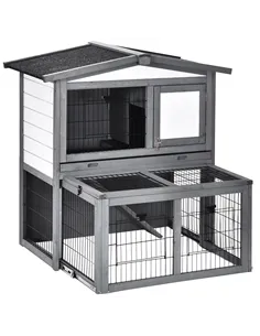 PawHut Rabbits 2-Tier Fur Wood Outdoor Hutch Guinea Pigs Hutches Grey
