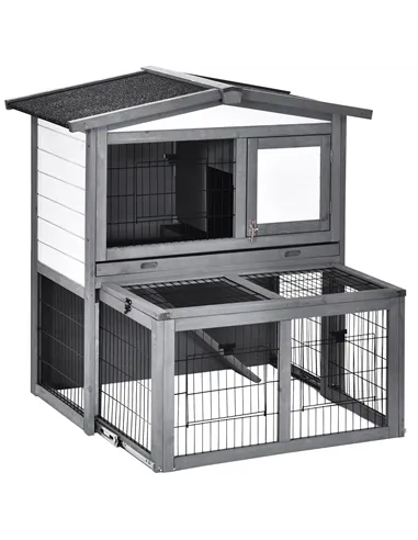 PawHut Rabbits 2-Tier Fur Wood Outdoor Hutch Guinea Pigs Hutches Grey