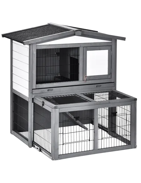 PawHut Rabbits 2-Tier Fur Wood Outdoor Hutch Guinea Pigs Hutches Grey