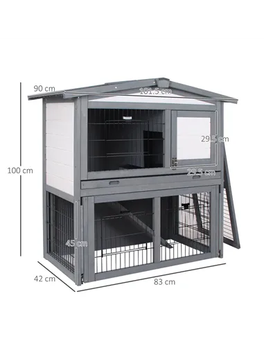 PawHut Rabbits 2-Tier Fur Wood Outdoor Hutch Guinea Pigs Hutches Grey