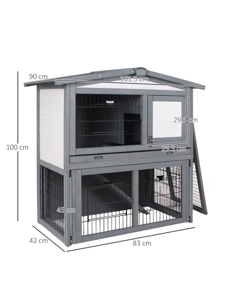 PawHut Rabbits 2-Tier Fur Wood Outdoor Hutch Guinea Pigs Hutches Grey