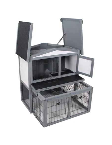 PawHut Rabbits 2-Tier Fur Wood Outdoor Hutch Guinea Pigs Hutches Grey