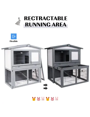 PawHut Rabbits 2-Tier Fur Wood Outdoor Hutch Guinea Pigs Hutches Grey
