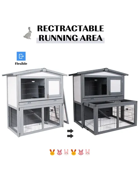 PawHut Rabbits 2-Tier Fur Wood Outdoor Hutch Guinea Pigs Hutches Grey