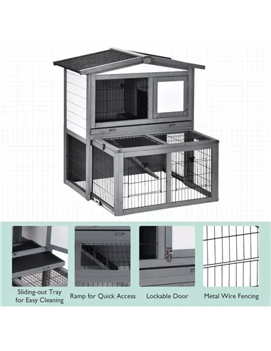 PawHut Rabbits 2-Tier Fur Wood Outdoor Hutch Guinea Pigs Hutches Grey