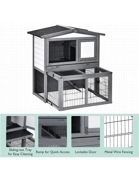 PawHut Rabbits 2-Tier Fur Wood Outdoor Hutch Guinea Pigs Hutches Grey
