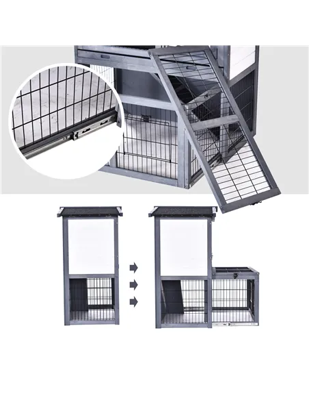 PawHut Rabbits 2-Tier Fur Wood Outdoor Hutch Guinea Pigs Hutches Grey