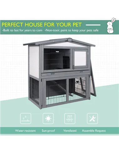PawHut Rabbits 2-Tier Fur Wood Outdoor Hutch Guinea Pigs Hutches Grey