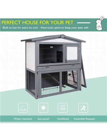 PawHut Rabbits 2-Tier Fur Wood Outdoor Hutch Guinea Pigs Hutches Grey