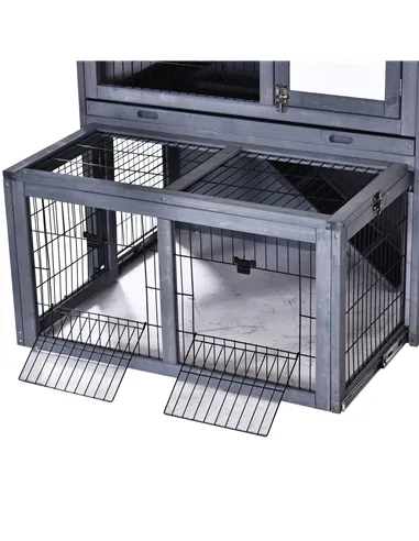 PawHut Rabbits 2-Tier Fur Wood Outdoor Hutch Guinea Pigs Hutches Grey