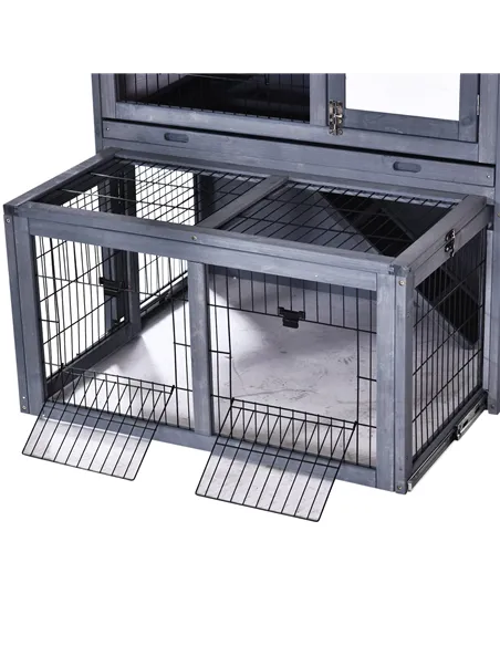PawHut Rabbits 2-Tier Fur Wood Outdoor Hutch Guinea Pigs Hutches Grey