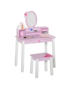 HOMCOM Kids Wooden Dressing Table and Stool Make Up Desk (Pink)