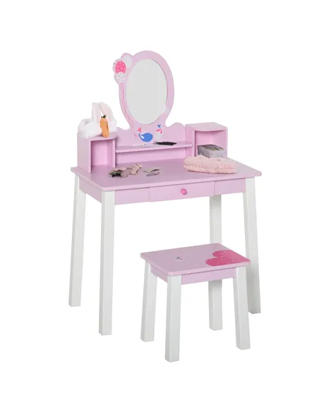HOMCOM Kids Wooden Dressing Table and Stool Make Up Desk (Pink)