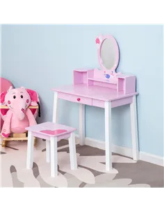 HOMCOM Kids Wooden Dressing Table and Stool Make Up Desk (Pink) 2