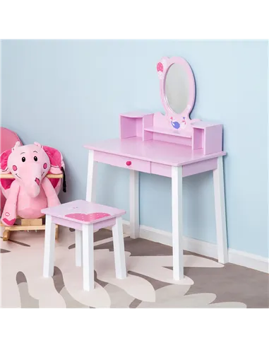 HOMCOM Kids Wooden Dressing Table and Stool Make Up Desk (Pink)