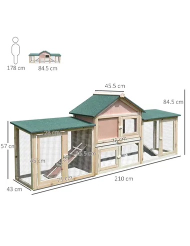 PawHut Guinea Pigs Hutches, 210Lx45.5Wx84.5H cm, Fir Wood-Natural Wood Colour
