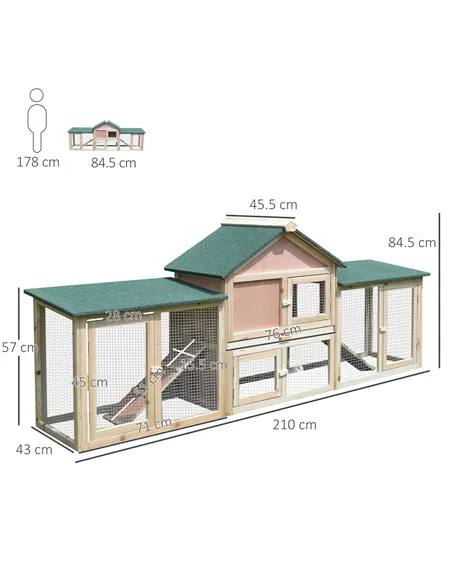 PawHut Guinea Pigs Hutches, 210Lx45.5Wx84.5H cm, Fir Wood-Natural Wood Colour