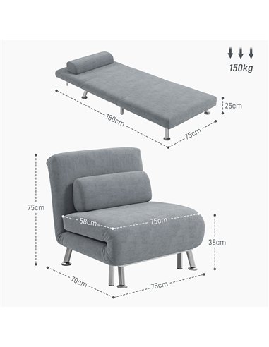 HOMCOM Single Velvet-Feel Sleeper Chair - Grey