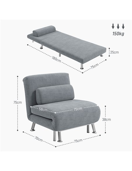 HOMCOM Single Velvet-Feel Sleeper Chair - Grey