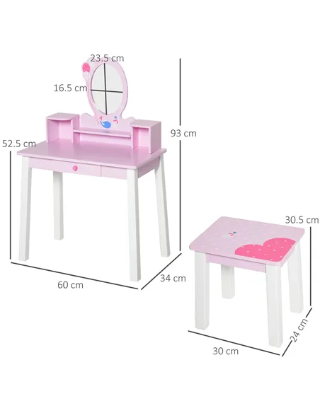 HOMCOM Kids Wooden Dressing Table and Stool Make Up Desk (Pink)