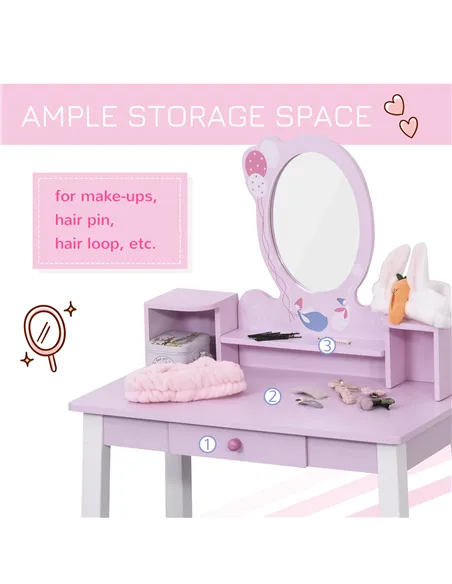 HOMCOM Kids Wooden Dressing Table and Stool Make Up Desk (Pink)