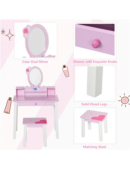 HOMCOM Kids Wooden Dressing Table and Stool Make Up Desk (Pink)