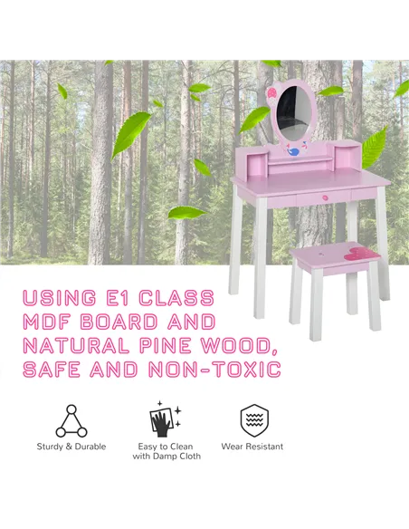 HOMCOM Kids Wooden Dressing Table and Stool Make Up Desk (Pink)