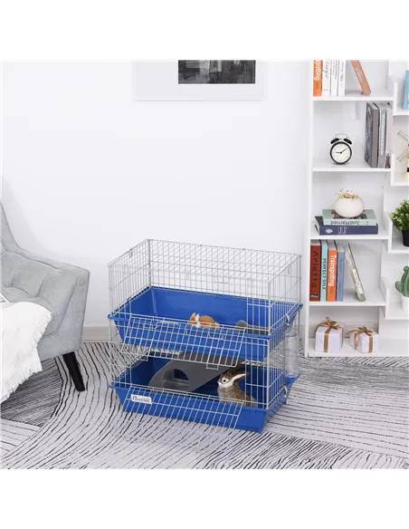 PawHut Metal 2-Tier Small Guinea Pigs Hutches Blue