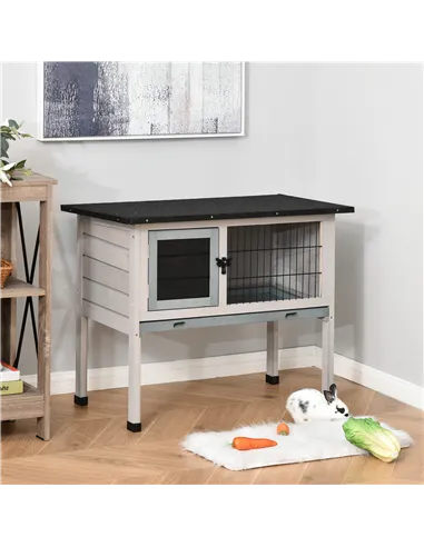 PawHut Elevated Fir Wood Guinea Pigs Hutches Tray Openable Asphalt Roof Outdoor Pet Cage Grey