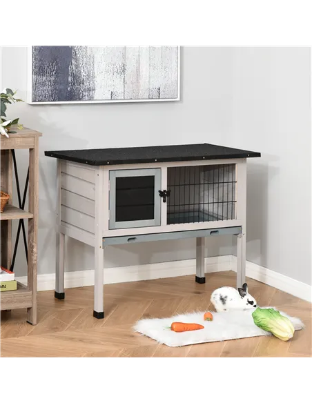 PawHut Elevated Fir Wood Guinea Pigs Hutches Tray Openable Asphalt Roof Outdoor Pet Cage Grey