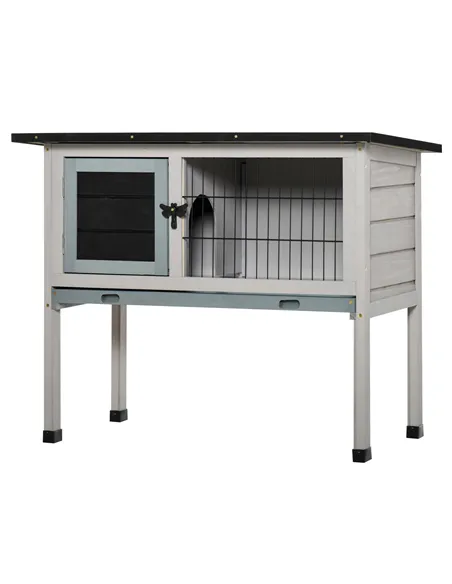 PawHut Elevated Fir Wood Guinea Pigs Hutches Tray Openable Asphalt Roof Outdoor Pet Cage Grey