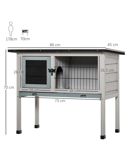 PawHut Elevated Fir Wood Guinea Pigs Hutches Tray Openable Asphalt Roof Outdoor Pet Cage Grey
