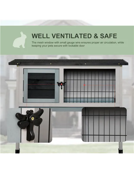 PawHut Elevated Fir Wood Guinea Pigs Hutches Tray Openable Asphalt Roof Outdoor Pet Cage Grey