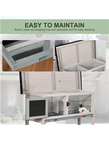 PawHut Elevated Fir Wood Guinea Pigs Hutches Tray Openable Asphalt Roof Outdoor Pet Cage Grey