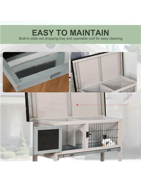 PawHut Elevated Fir Wood Guinea Pigs Hutches Tray Openable Asphalt Roof Outdoor Pet Cage Grey