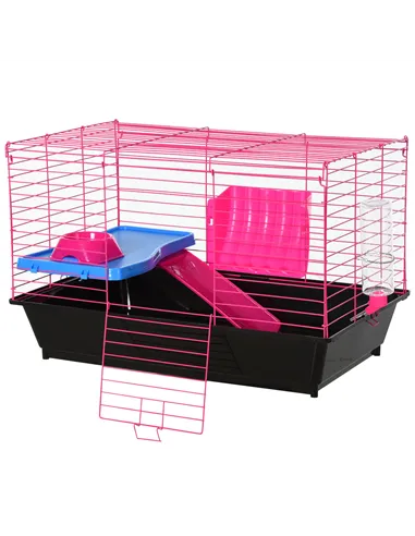 PawHut Dwarf Hamster Metal Cage Guinea Pigs Hutches w/ Tunnels Pink
