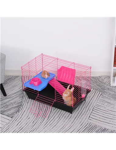 PawHut Dwarf Hamster Metal Cage Guinea Pigs Hutches w/ Tunnels Pink